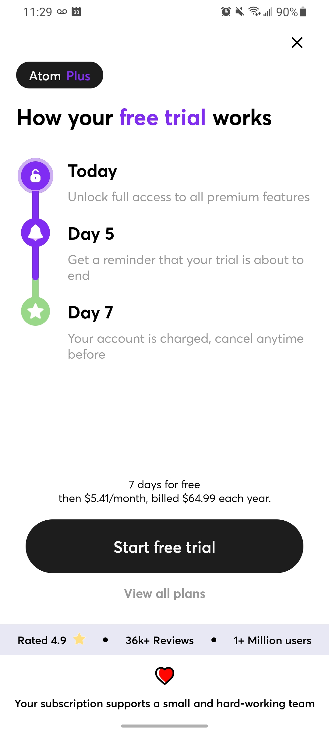 Free trial page from Atom app
