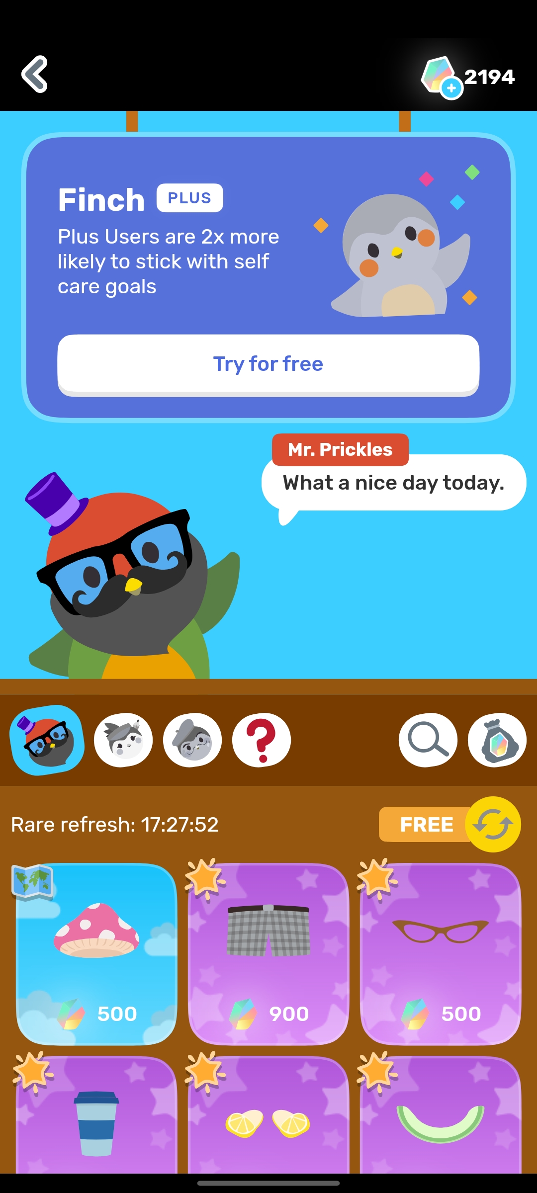 Character customization page from Finch app