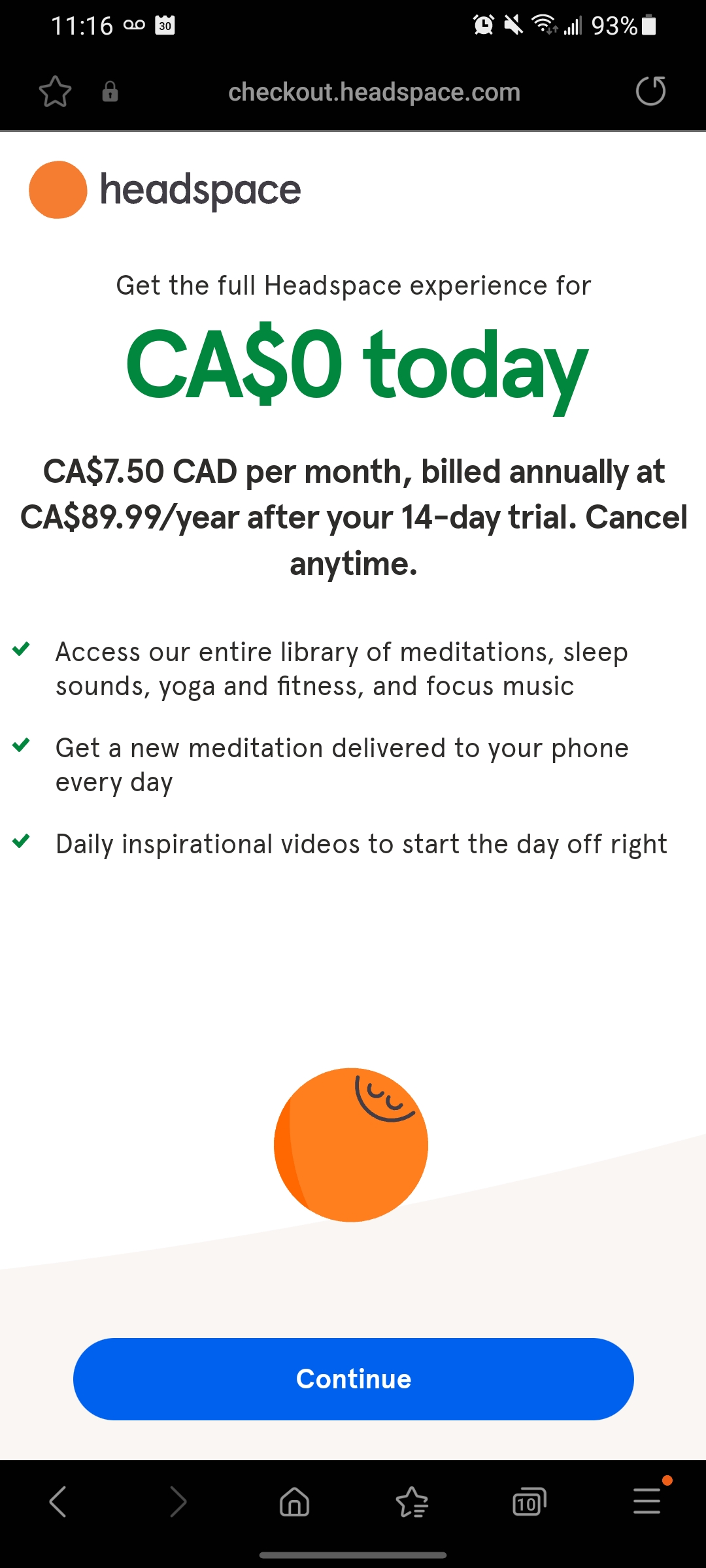 Free Trial page from Headspace website