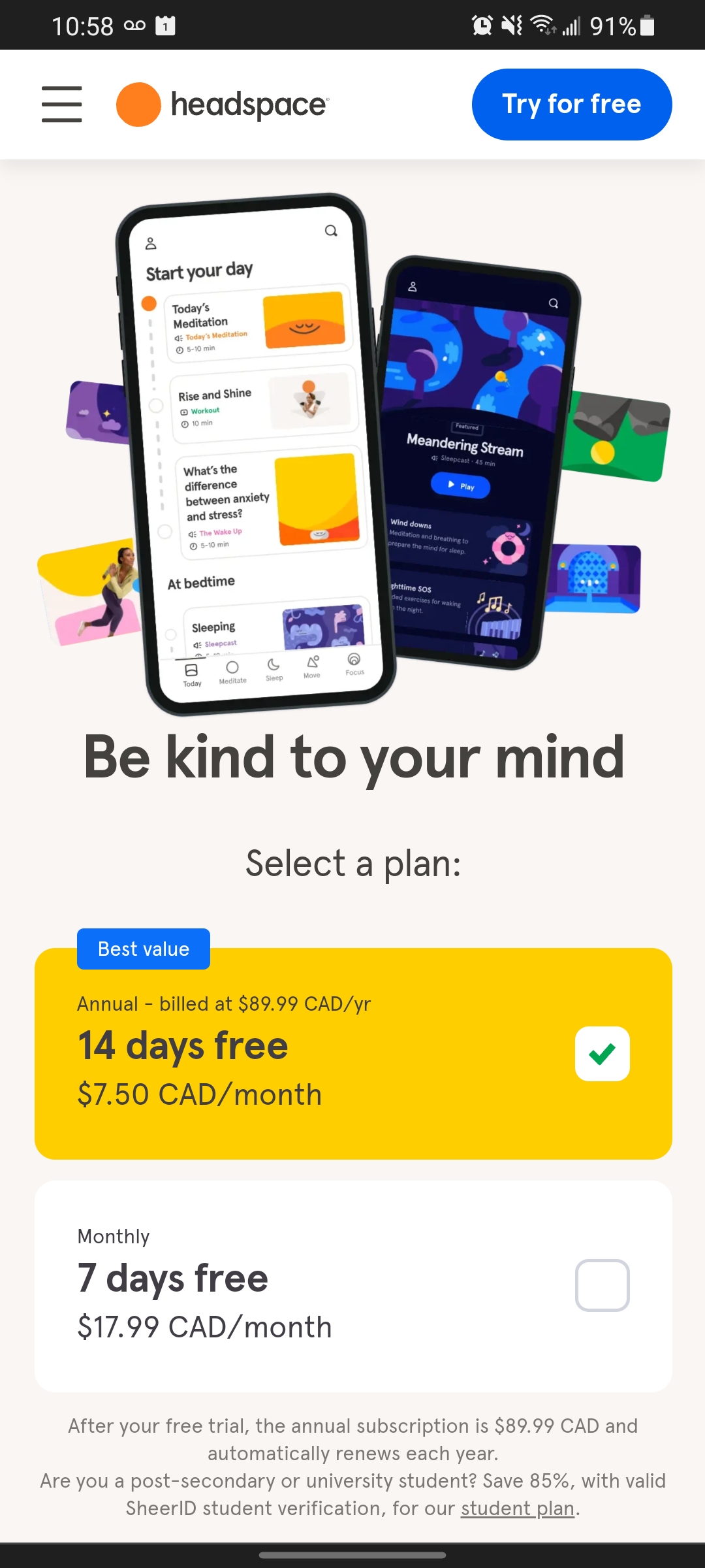 Pricing page from Headspace website