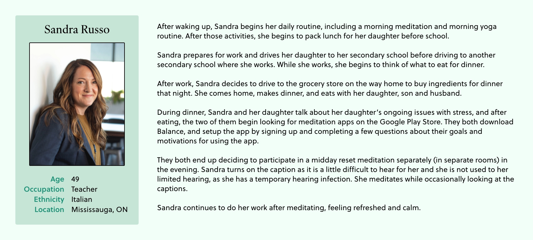 Context scenario for Persona #1: Sandra Russo