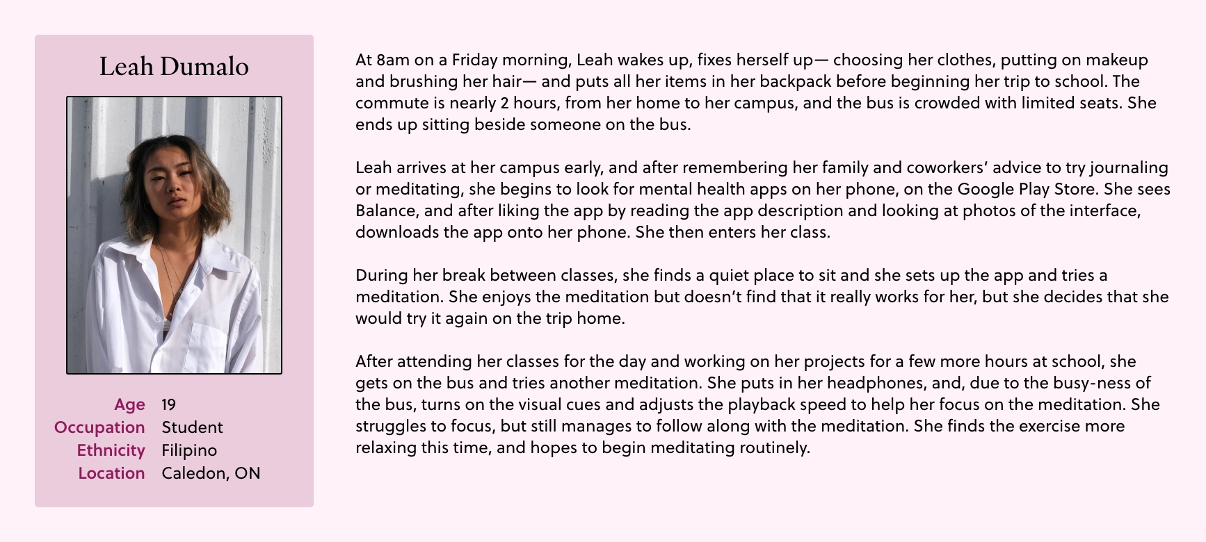 Context scenario for Persona #3: Leah Dumalo